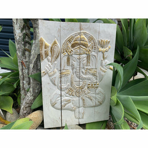 Ganesha wall feature natural wash or whitewash. - Unique Imports